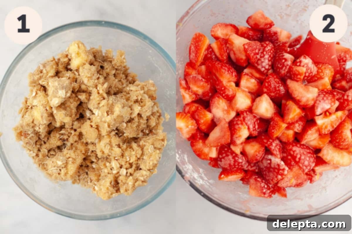 Strawberry Sunshine Crumble 4 Two process shots showing steps 1 and 2: dry ingredients for streusel mixed in a bowl, and sliced strawberries with lemon zest, lemon juice, cornstarch, and sugar in another bowl.