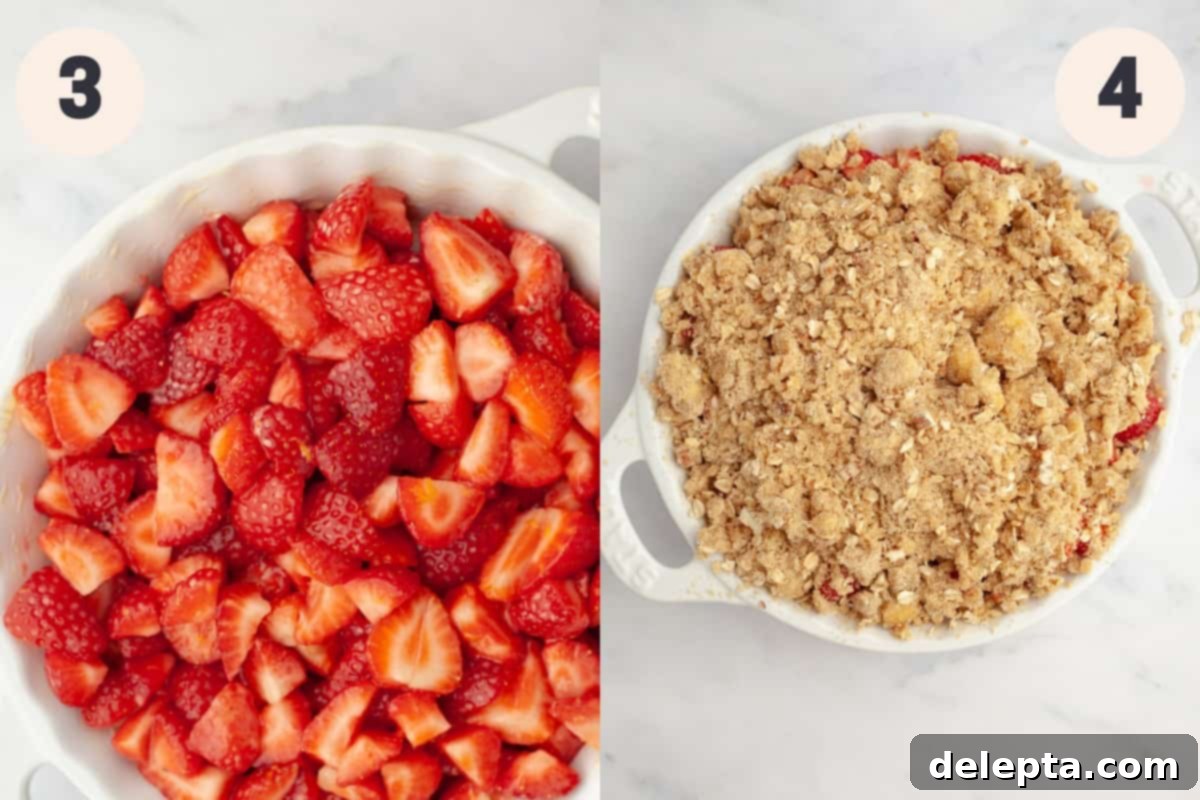 Strawberry Sunshine Crumble 5 Two process shots showing steps 3 and 4: the strawberry mixture poured into the pie dish, and the crumble topping being sprinkled over the strawberries.