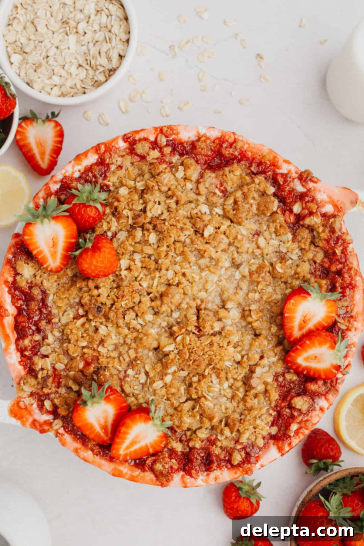 Strawberry Sunshine Crumble 6 An inviting overhead shot of a freshly baked strawberry crisp in a white pie dish, with a slight golden crust and visible juicy fruit.
