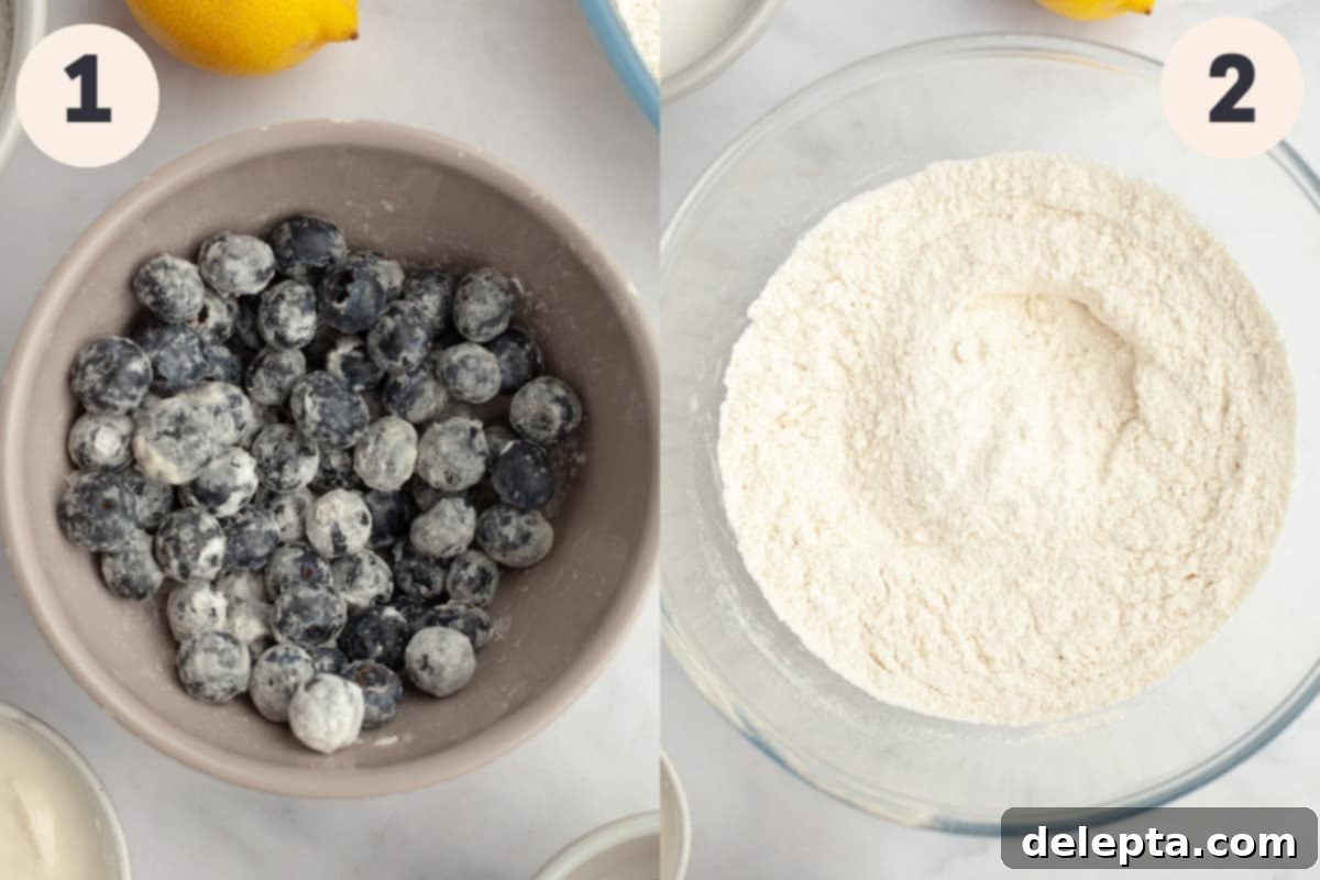 Heavenly Blueberry Pound Cake 4 A bowl of blueberries tossed in flour and a large bowl with dry flour, representing the initial steps of the recipe.