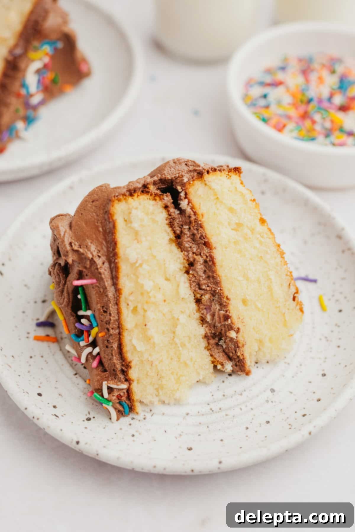 Golden Vanilla Treat with Chocolate Bliss 2 A beautifully sliced piece of fluffy vanilla cake generously frosted with rich chocolate buttercream, presented on a small white plate.