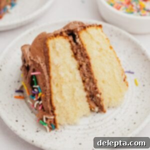 Golden Vanilla Treat with Chocolate Bliss 11 A slice of vanilla cake on a small plate.