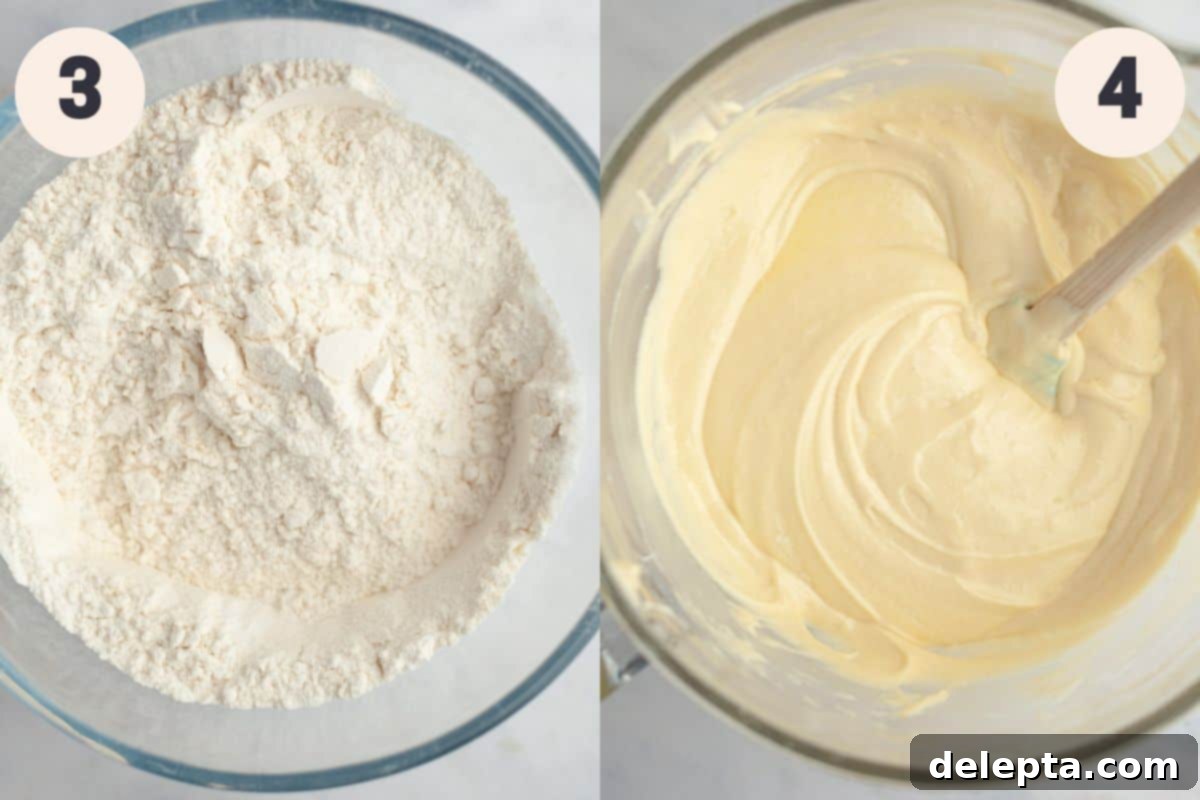 Golden Vanilla Treat with Chocolate Bliss 6 A glass bowl filled with dry ingredients (flour, salt, baking powder) next to another bowl with the creamy cake batter, ready for combining.