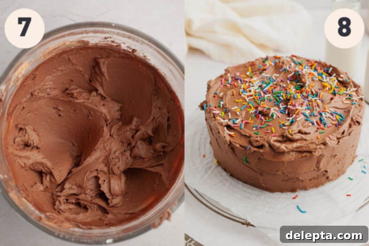Golden Vanilla Treat with Chocolate Bliss 8 A large glass bowl brimming with rich, velvety chocolate frosting, and a fully frosted vanilla cake adorned with colorful sprinkles, ready to serve.
