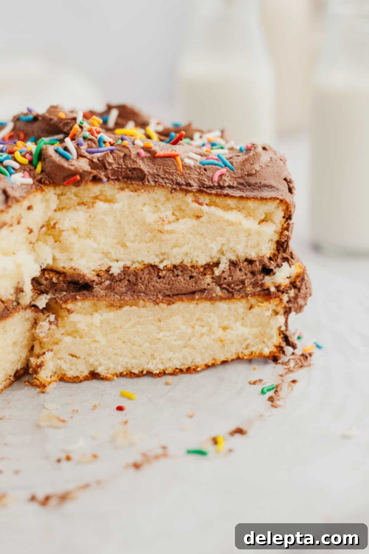 Golden Vanilla Treat with Chocolate Bliss 9 A delectable close-up shot of a slice of vanilla cake with chocolate frosting, highlighting the moist layers and creamy texture.
