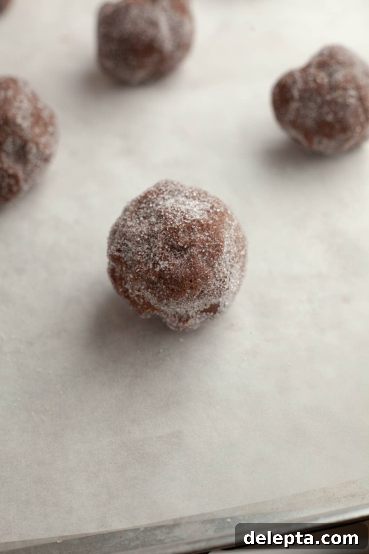 Gooey Chocolate Marshmallow Cookies 8 Sugar-coated chocolate cookie dough balls neatly arranged on parchment paper-lined baking sheets.