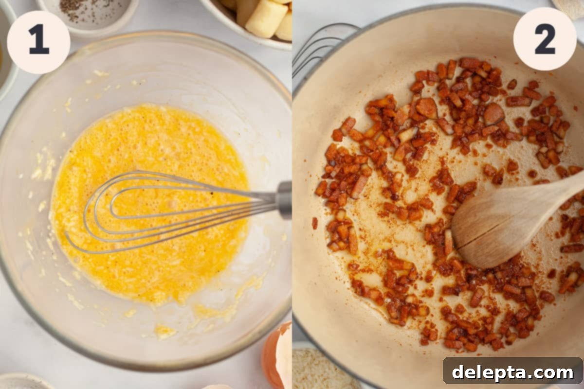 Classic Gnocchi Carbonara 4 A small bowl of whisked egg mixture next to a large pan with crispy guanciale pieces.
