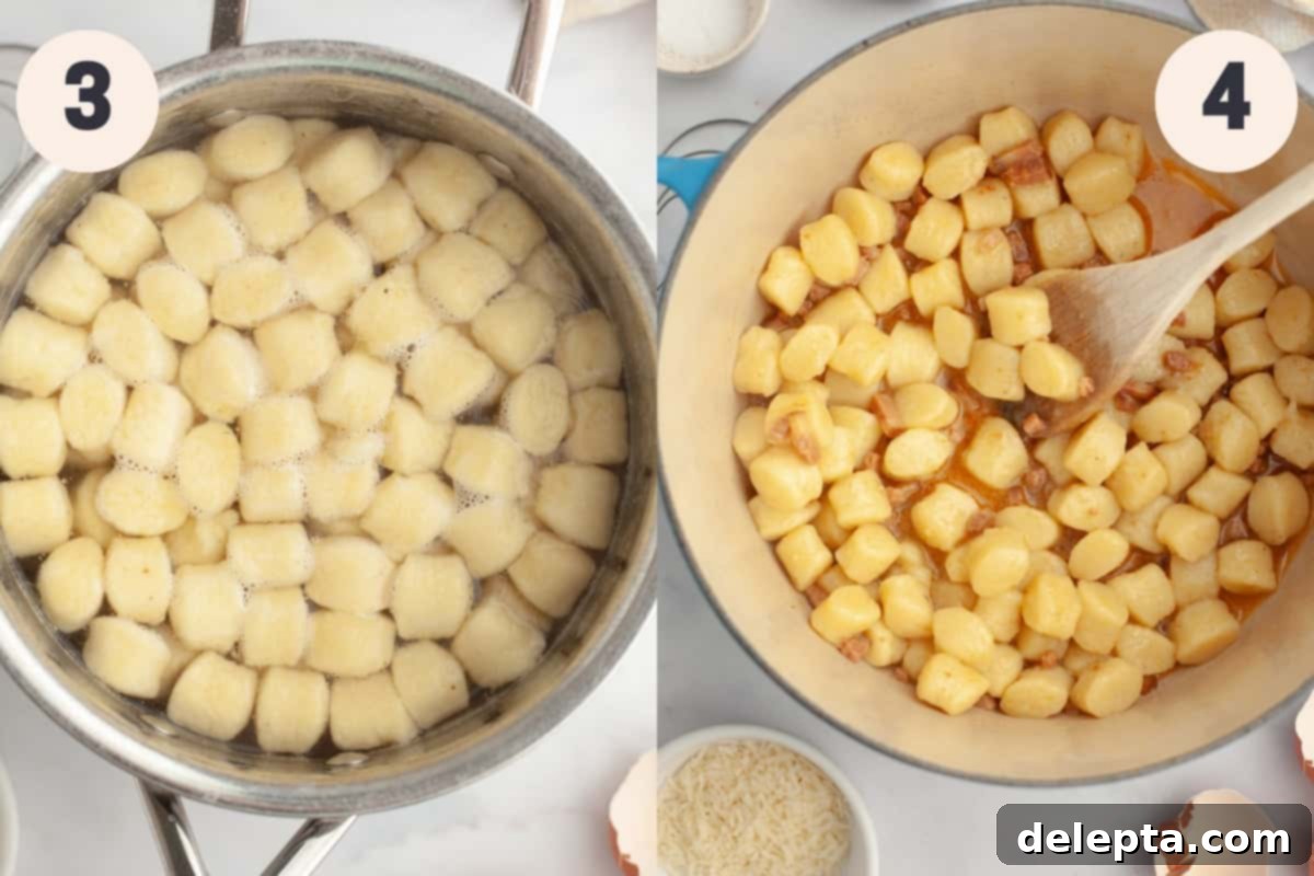 Classic Gnocchi Carbonara 5 Gnocchi cooking in a pot of boiling water until they float to the surface.