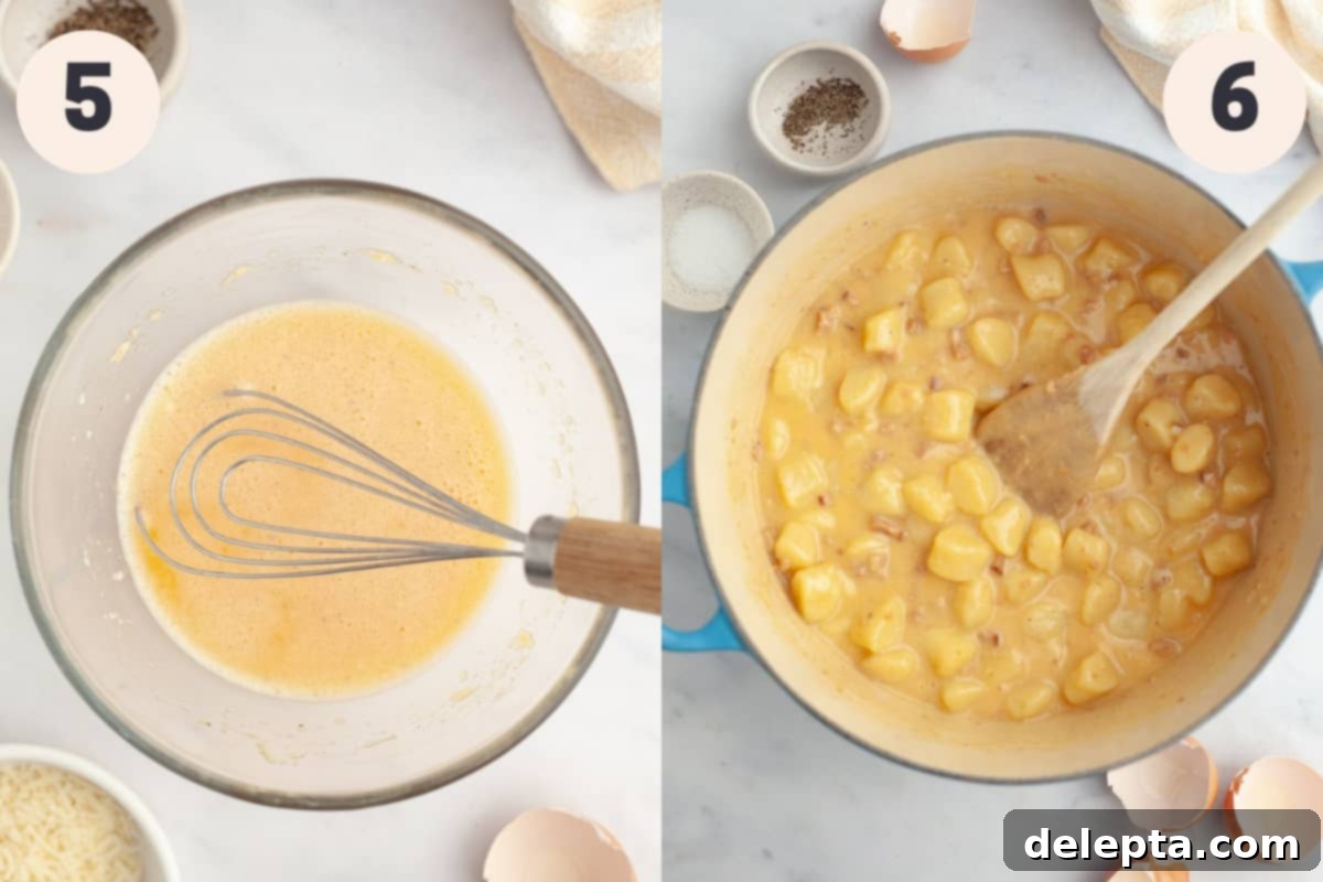 Classic Gnocchi Carbonara 6 A small bowl with the creamy carbonara sauce mixture and a large dutch oven with gnocchi being stirred into the sauce.