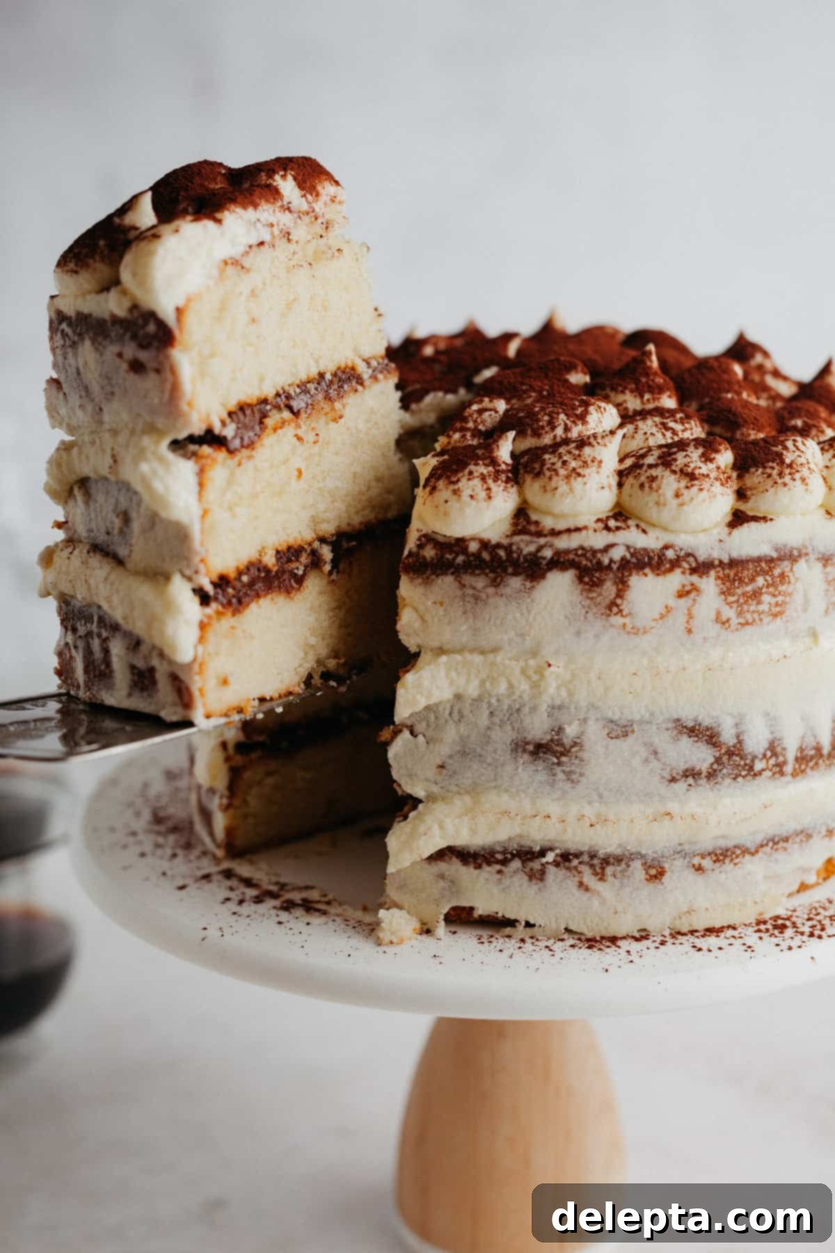 Ultimate Tiramisu Layer Cake 16 Tiramisu layer cake on a cake stand, one slice is being lifted out