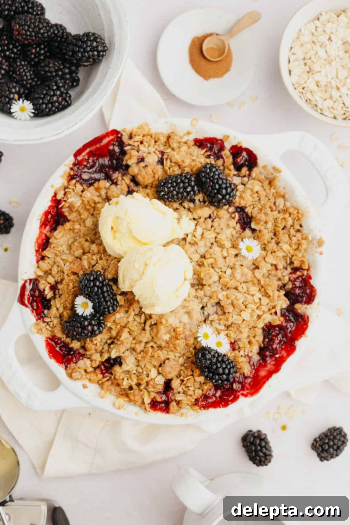 Golden Apple and Blackberry Crumble 2 A beautifully baked blackberry apple crisp in a rustic white dish, topped with two scoops of melting vanilla ice cream, ready to be served.