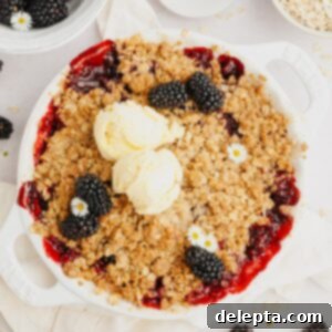 Golden Apple and Blackberry Crumble 8 A blackberry apple crisp in a white dish with two scoops of ice cream on top.
