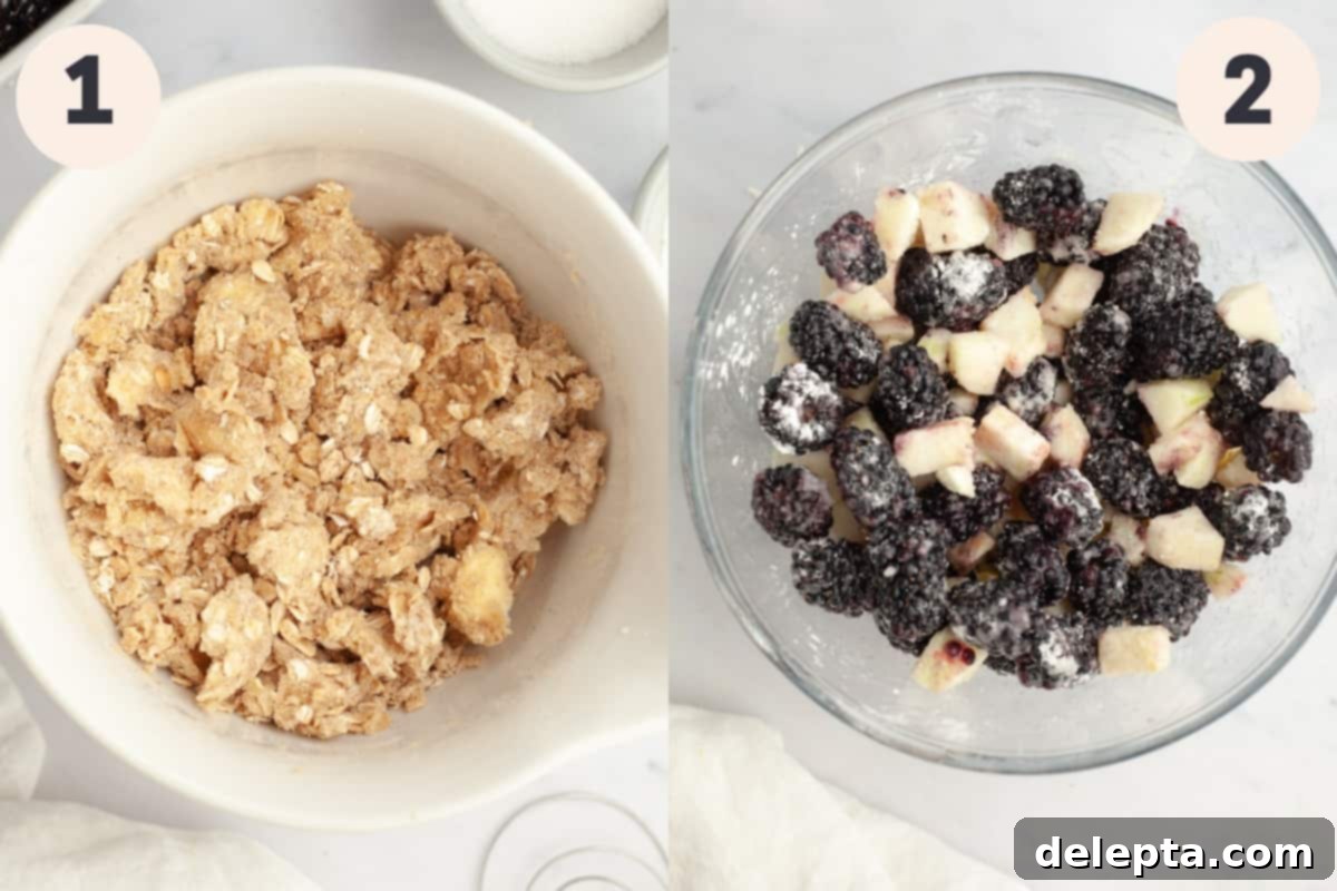 Golden Apple and Blackberry Crumble 4 Two white bowls, one containing a prepared streusel topping and the other filled with fresh blackberries and chopped apples, ready for assembly.