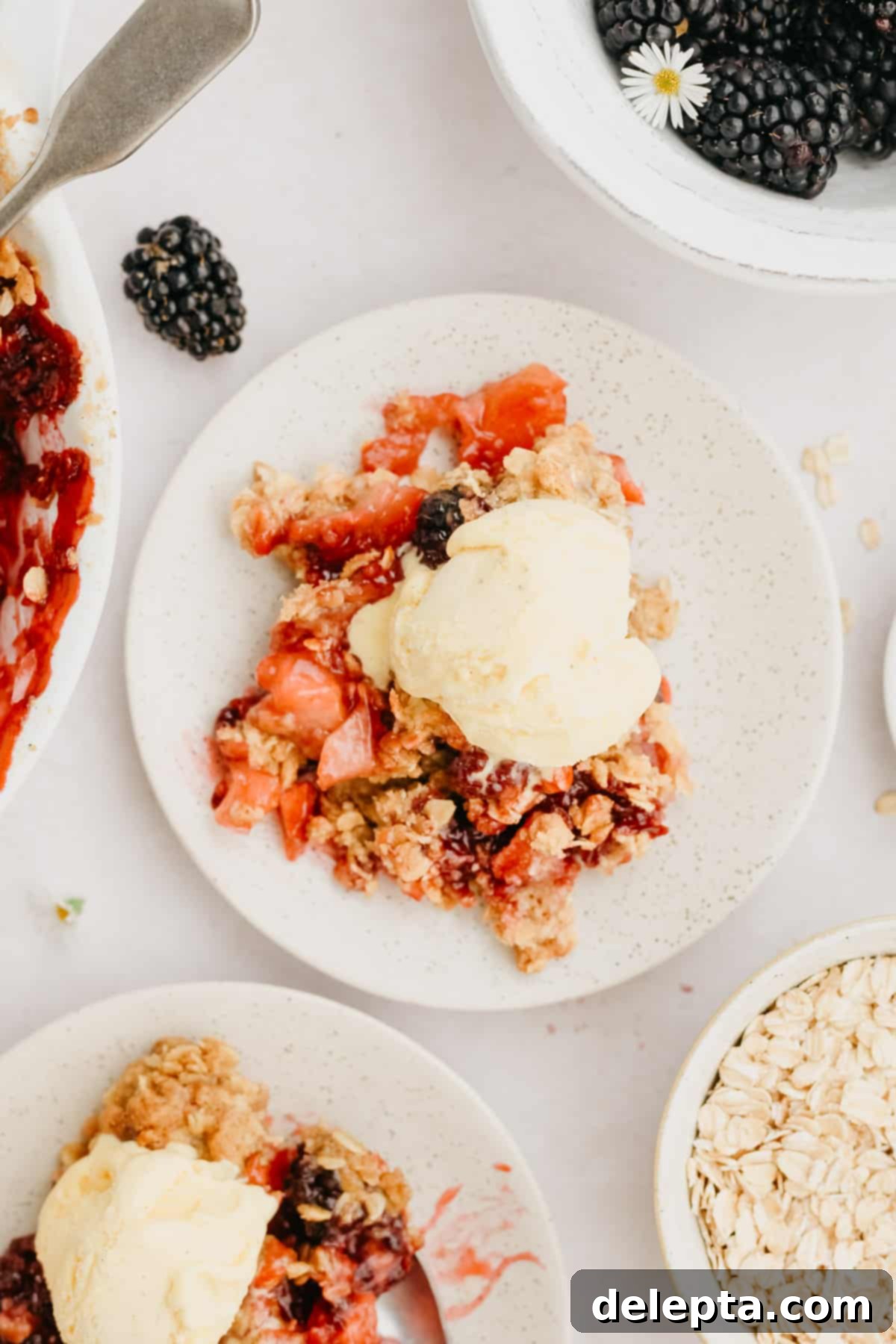 Golden Apple and Blackberry Crumble 7 A small white plate holding a serving of warm apple blackberry crumble, generously topped with a melting scoop of vanilla ice cream.
