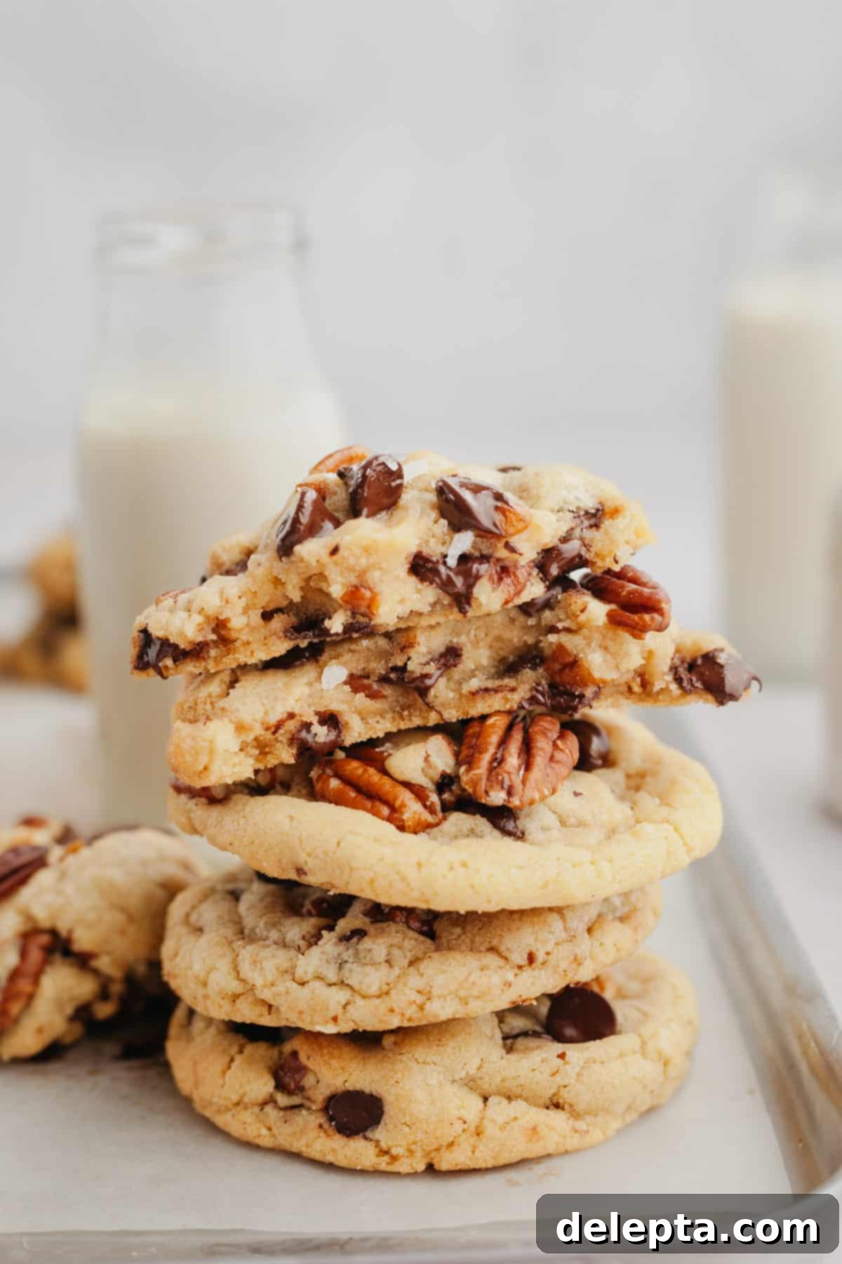 Decadent Chocolate Pecan Cookies 2 A stack of golden brown butter pecan chocolate chip cookies with melted chocolate and visible pecan pieces.