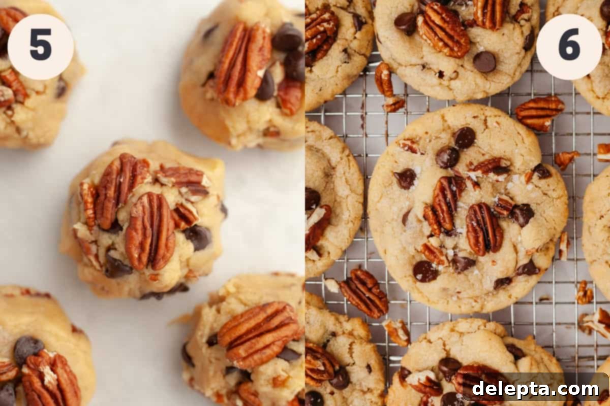 Decadent Chocolate Pecan Cookies 6 Unbaked chocolate chip pecan cookie dough balls arranged on a baking sheet lined with parchment paper.