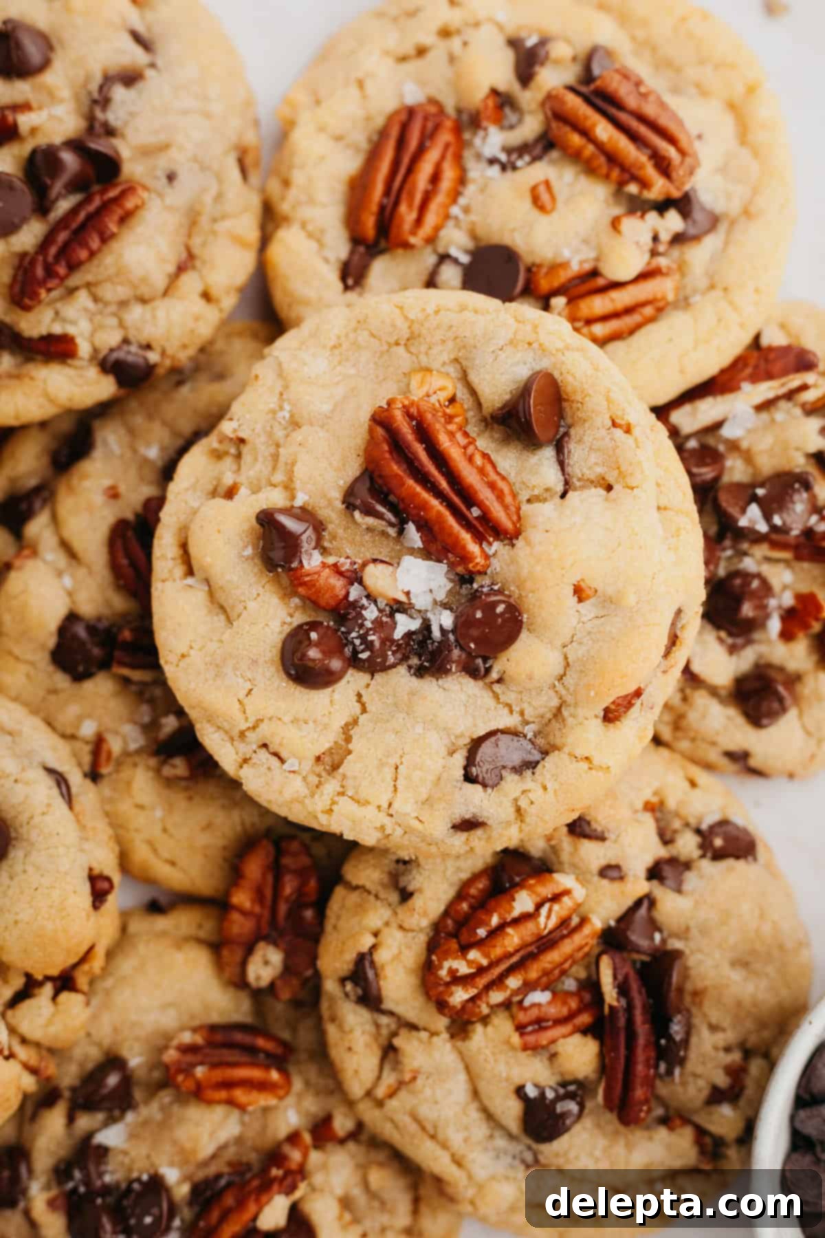 Decadent Chocolate Pecan Cookies 7 Freshly baked chocolate chip pecan cookies resting on white parchment paper, showing their golden edges and soft centers.