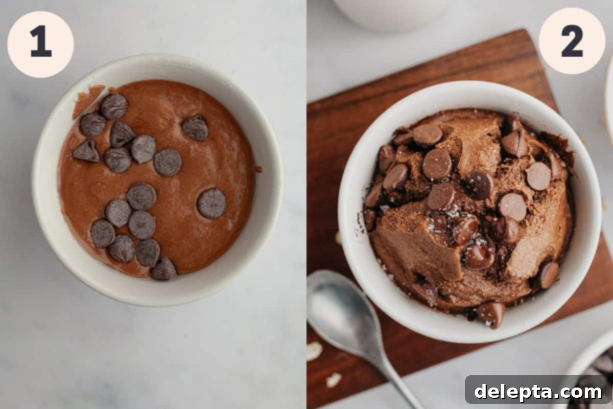 Decadent Chocolate Baked Oats 4 Side-by-side comparison of unbaked chocolate baked oats batter and a perfectly baked version in small white baking dishes, showcasing the transformation.