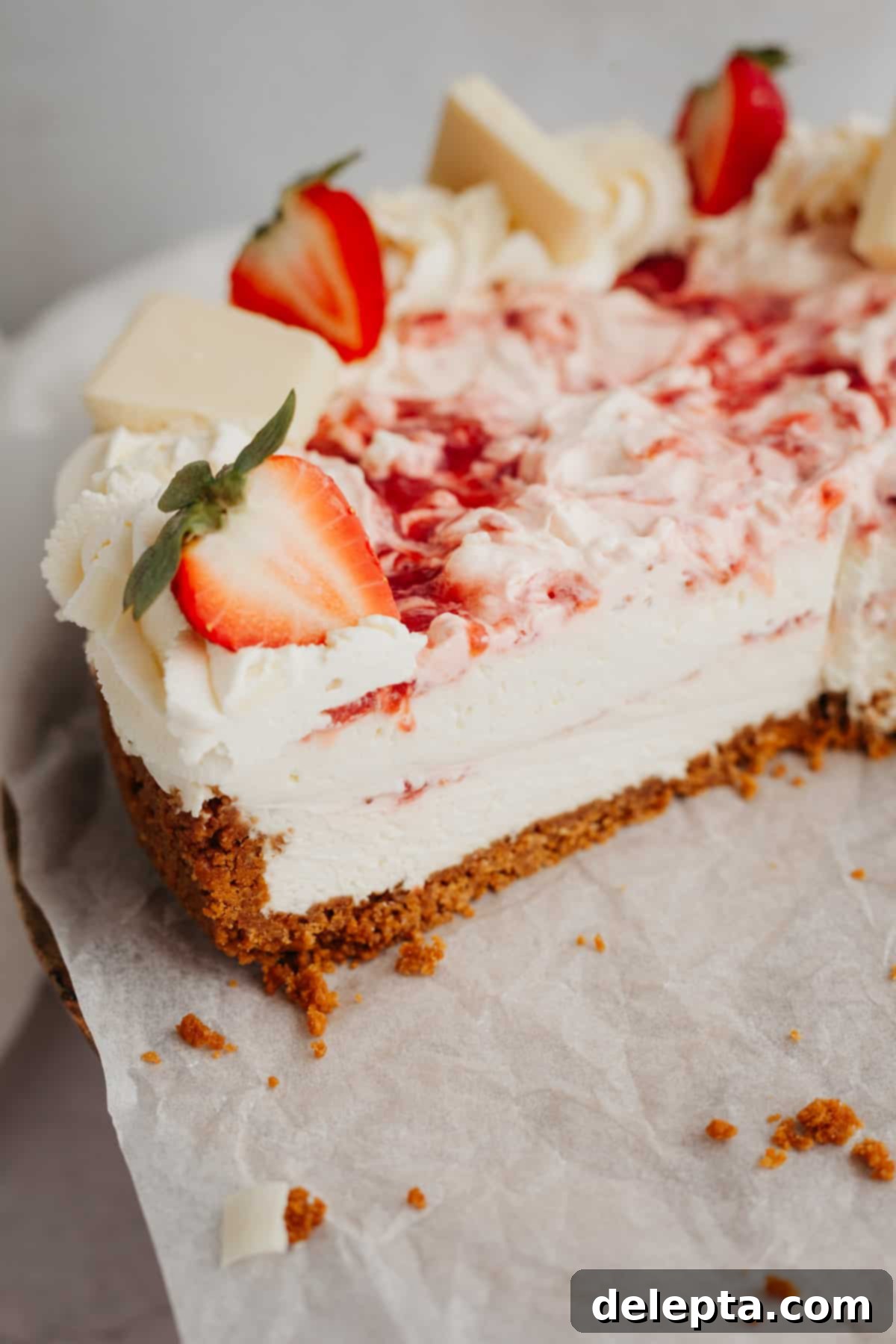 Effortless No Bake Strawberry White Chocolate Cheesecake 2 A vibrant slice of a no-bake strawberry white chocolate cheesecake on parchment paper, showcasing the creamy layers and fruit swirl.