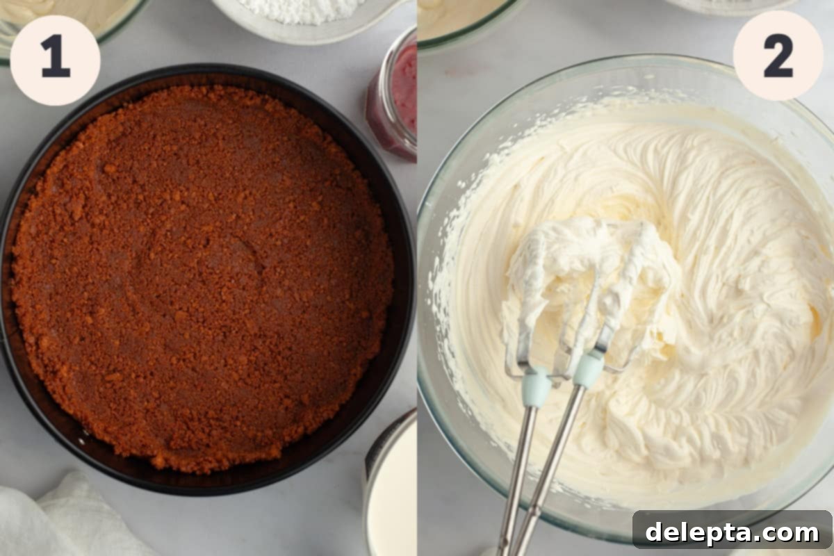 Effortless No Bake Strawberry White Chocolate Cheesecake 4 A biscoff cookie crust being pressed into a cheesecake pan and whipped cream in a bowl, showing the initial preparation steps.