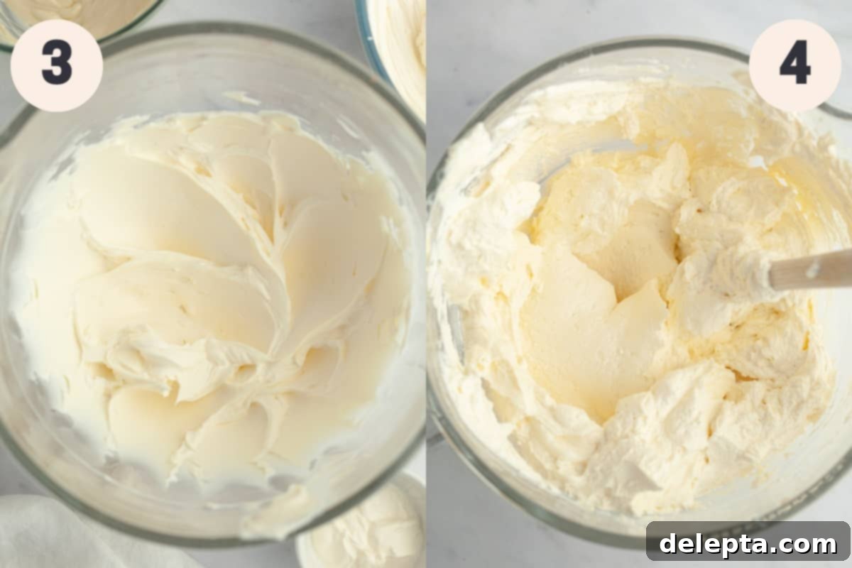 Effortless No Bake Strawberry White Chocolate Cheesecake 5 A glass mixing bowl containing a smooth, creamy cheesecake mixture, ready for the next step.