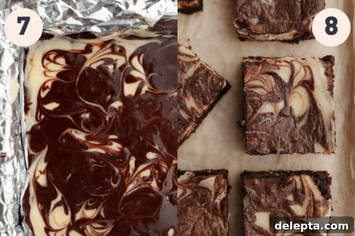 Decadent Cheesecake Brownie Swirls 8 The final swirling steps for marbled cheesecake brownies: brownie batter in the pan, topped with cheesecake, then additional brownie batter dolloped and swirled for the marbled effect.