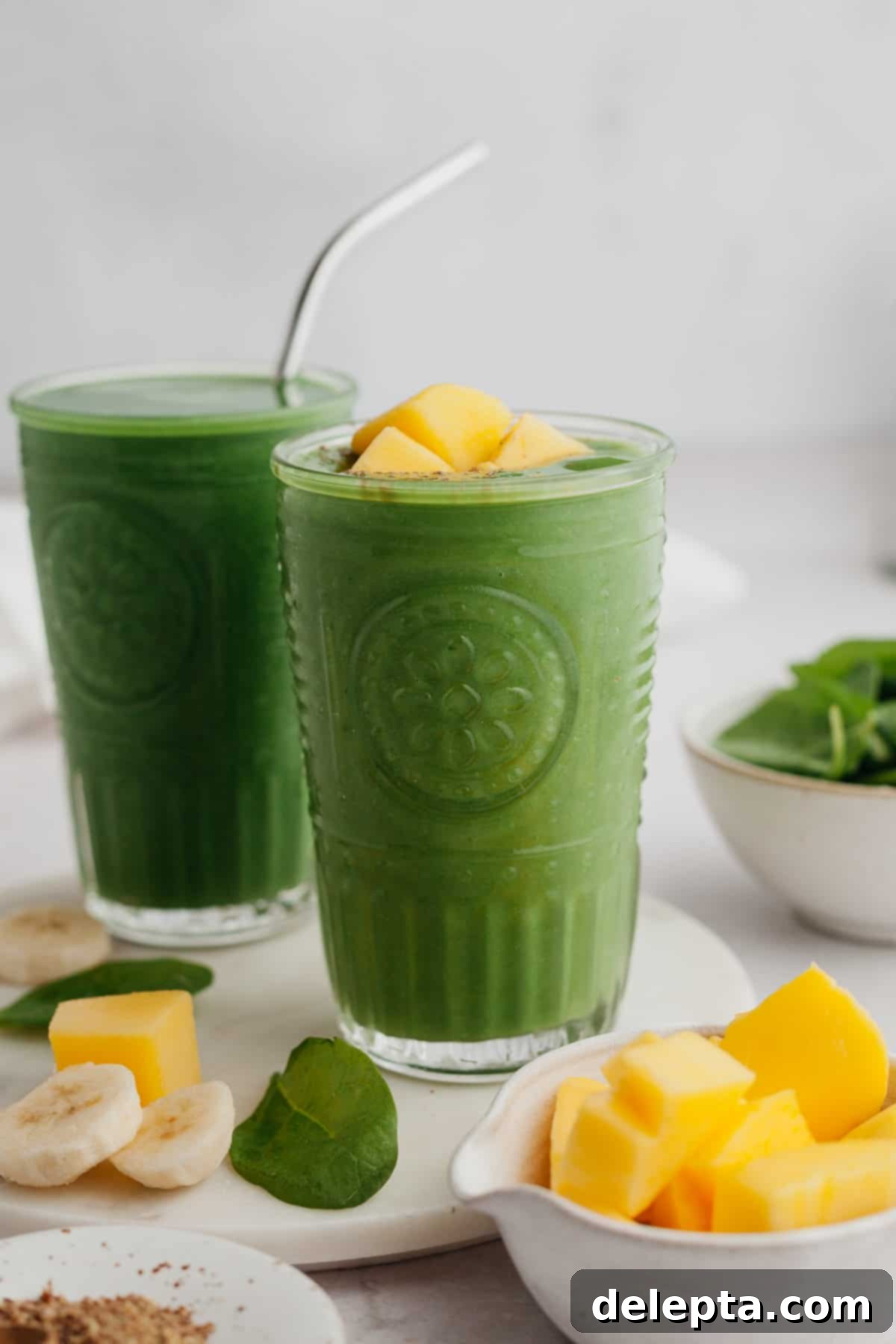 Vibrant Mango Spinach Smoothie 2 Two green smoothies in glasses, one has fresh mango pieces and a mint leaf on top, beautifully presented on a light wooden surface.