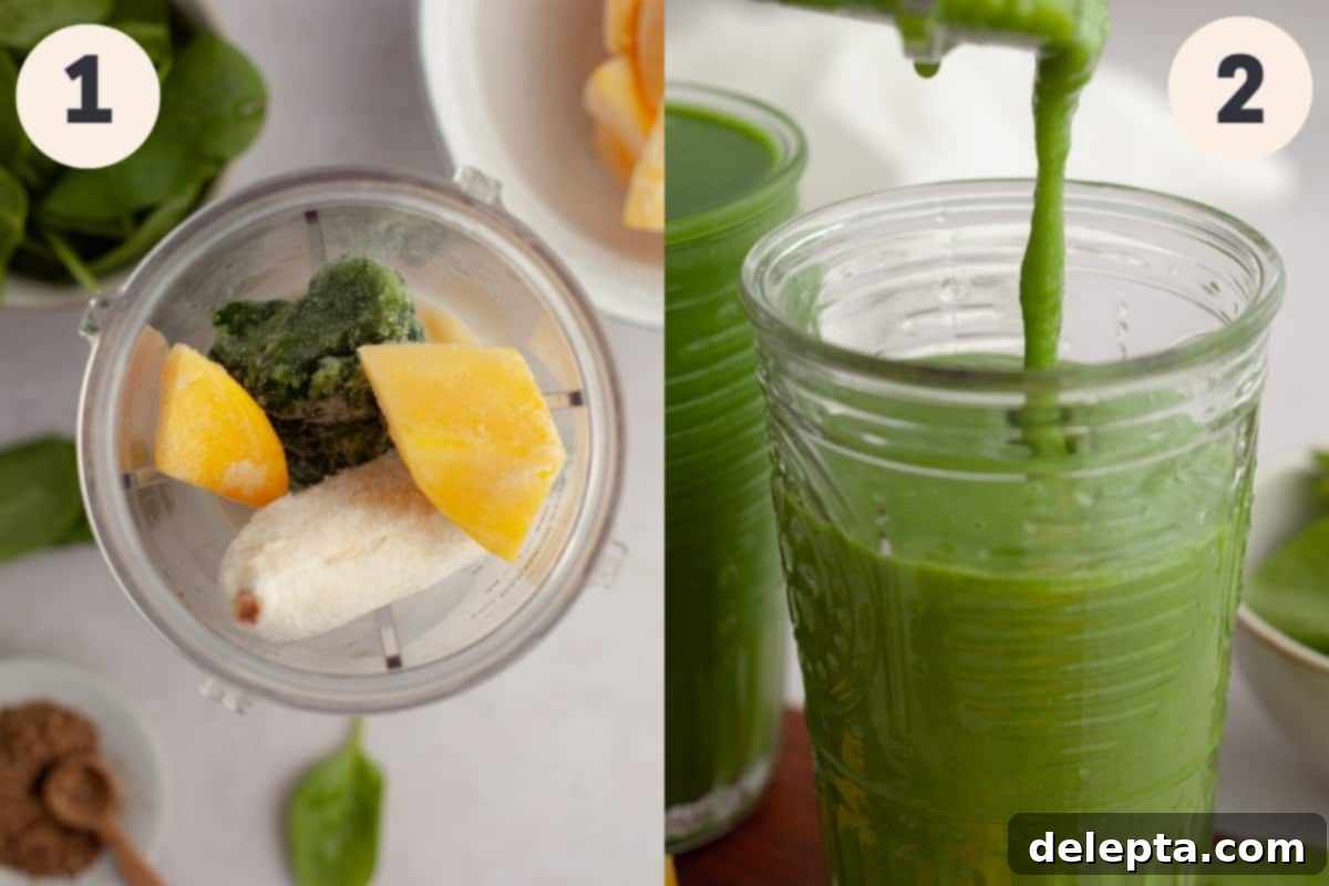 Vibrant Mango Spinach Smoothie 4 The process of making a spinach mango smoothie, showing ingredients being added to a blender in two steps.