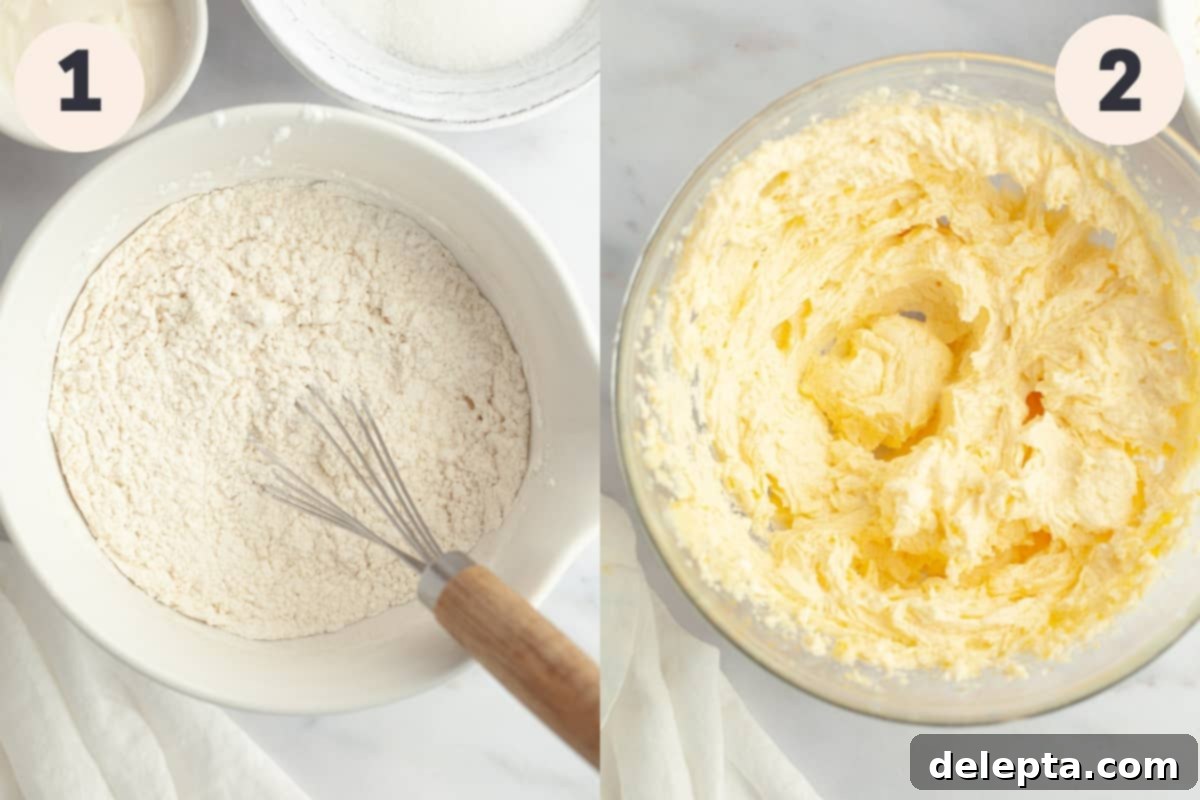Velvet Buttercream Cookies 5 Two large bowls, one containing whisked dry ingredients (flour, cornstarch, leavening agents) and the other holding creamed butter and sugar, illustrating the first steps of cookie preparation.