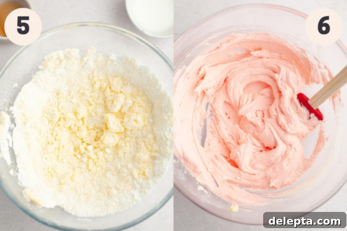 Velvet Buttercream Cookies 7 Two bowls side-by-side: one contains creamed butter and powdered sugar, while the other holds a finished batch of vibrant pink buttercream frosting, ready for cookie decoration.