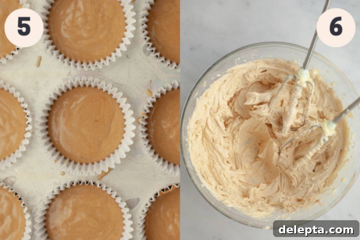 Quick Coffee Cupcake Fix 7 Unbaked coffee cupcakes and a bowl with coffee frosting in it.