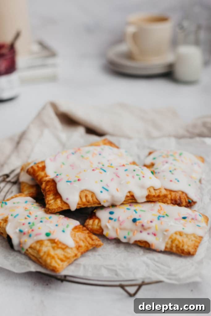 Artisan Blueberry Toaster Treats 2 a small pile of blueberry pop tarts on a cooling rack with a beige napkin behind