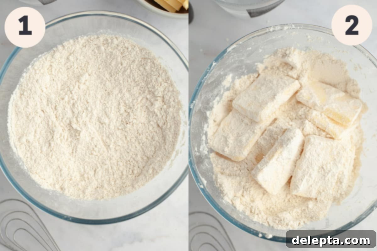 Perfectly Flaky Homemade Pie Crust 4 Flour and cold butter pieces in a large mixing bowl, ready for combining.
