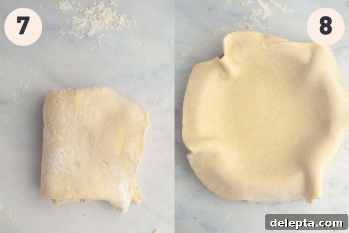 Perfectly Flaky Homemade Pie Crust 7 Rolled out pie dough gracefully slumping into a pie plate, ready for shaping.