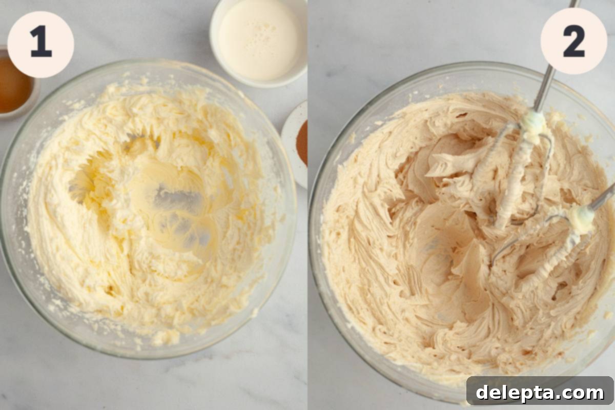 Java Velvet 4 Coffee buttercream in a large glass bowl, showing its creamy and smooth texture, ready for frosting.