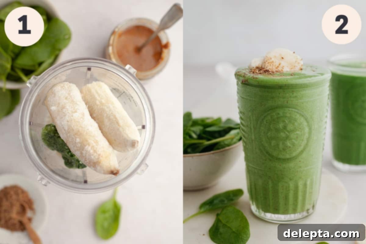 Green Velvet Revitalizer 4 A blender filled with bananas and spinach, alongside a tall glass containing a perfectly blended banana spinach smoothie.