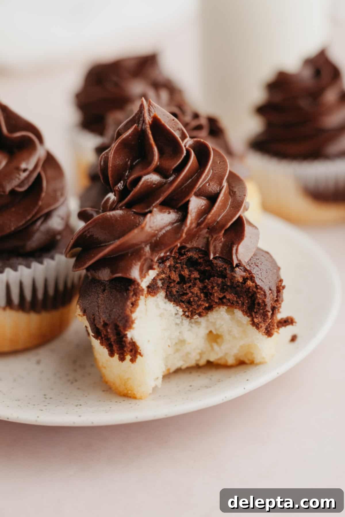 Sweet Harmony Cupcakes 2 A close up of a marbled cupcake with chocolate frosting, a bite has been taken out of the cupcake.