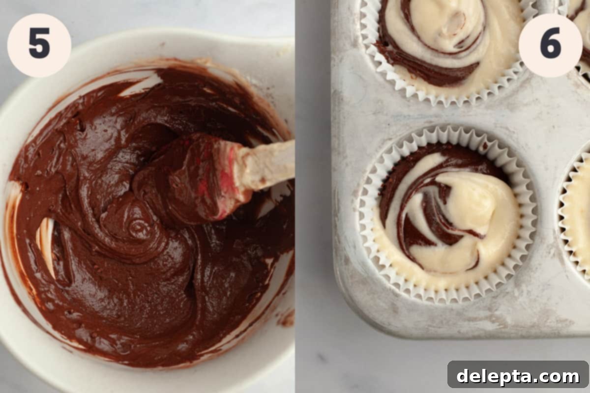 Sweet Harmony Cupcakes 7 A small bowl with chocolate batter in it and a close up of a chocolate and vanilla unbaked cupcake.