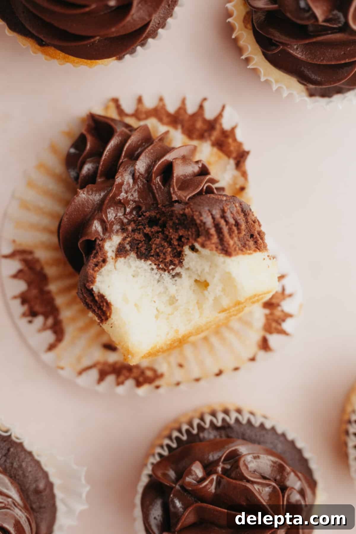 Sweet Harmony Cupcakes 9 A close up of a marbled cupcake with chocolate frosting, a bite has been taken out of the cupcake.