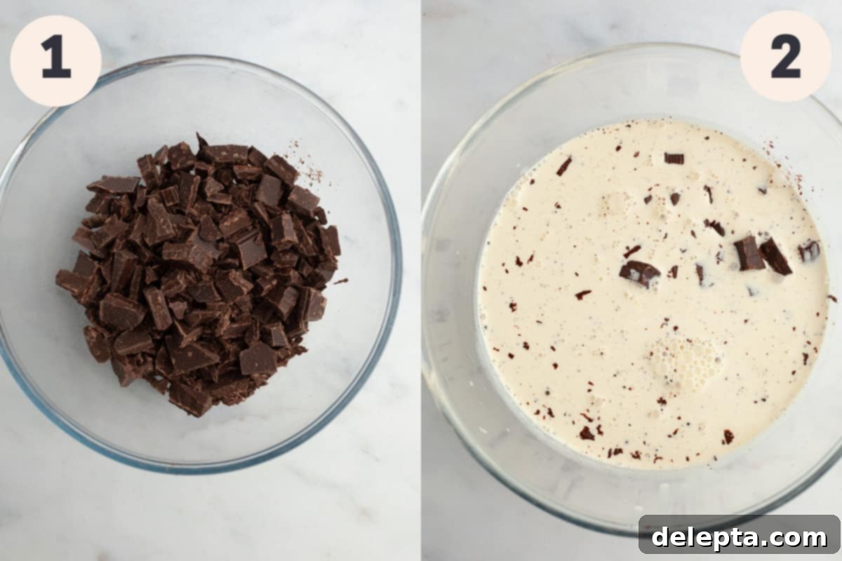 Effortless Whipped Ganache for Bakery-Worthy Cakes 4 A two-part image showing chopped dark chocolate in a bowl and another bowl filled with heavy cream ready to be heated, illustrating the first two steps of ganache making.