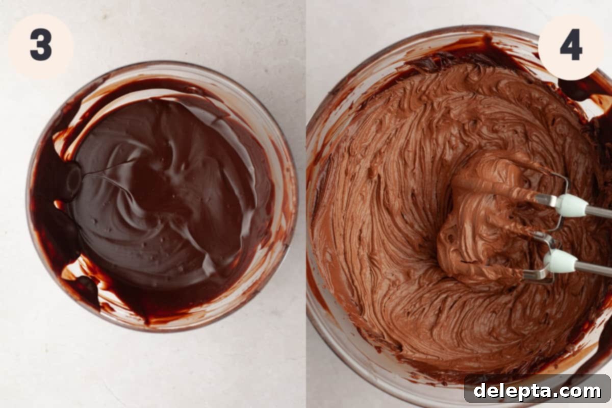 Effortless Whipped Ganache for Bakery-Worthy Cakes 5 A large bowl containing smooth, set whipped chocolate ganache, ready for its final whipping stage, illustrating the cooling and final whipping process.