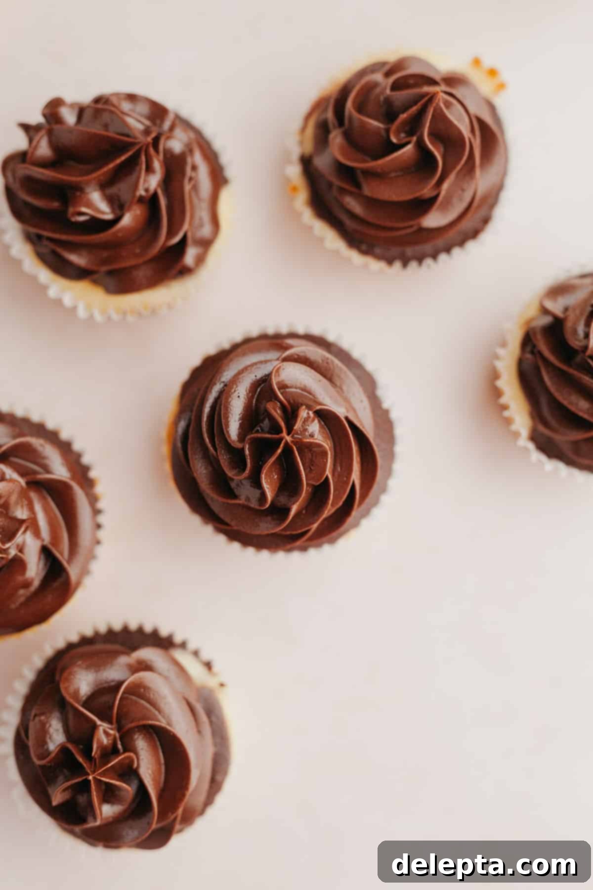 Effortless Whipped Ganache for Bakery-Worthy Cakes 6 An overhead shot showcasing several cupcakes beautifully topped with perfectly piped whipped chocolate ganache frosting, highlighting its elegant appearance.