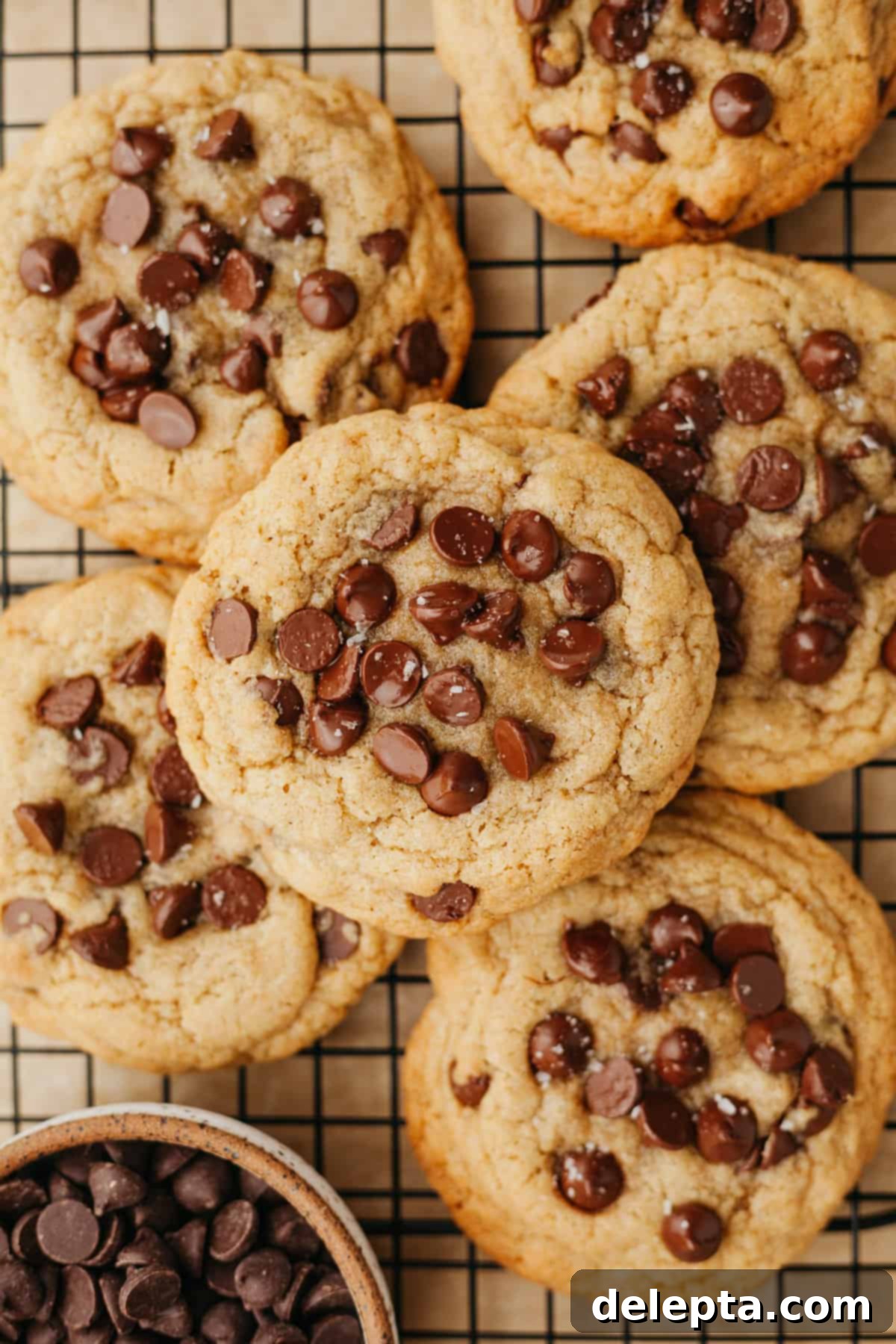 Six Easy Small Batch Chocolate Chip Cookies 2 Chocolate chip cookies on a wire cooling rack.