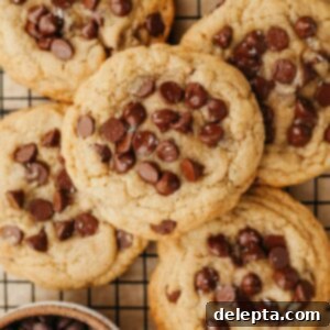 Six Easy Small Batch Chocolate Chip Cookies 8 Chocolate chip cookies on a wire cooling rack.