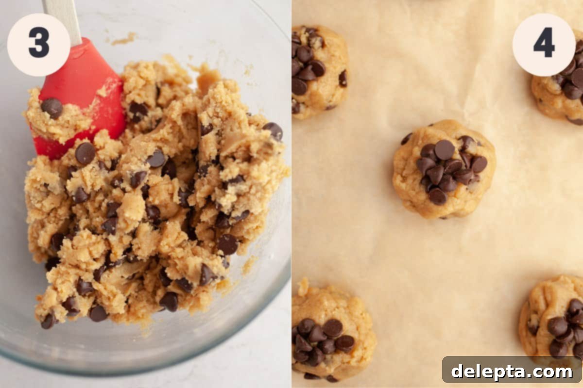 Six Easy Small Batch Chocolate Chip Cookies 5 Cookie dough in a bowl and scooped out cookie dough balls on parchment paper.