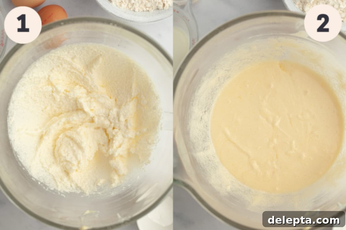 Dainty Vanilla Delights 4 A smooth, creamy vanilla cake batter rests in a clear glass bowl, showcasing its readiness for baking.