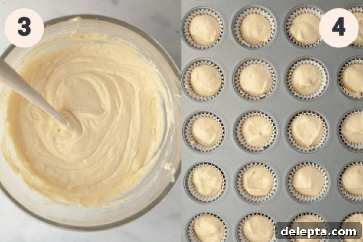 Dainty Vanilla Delights 5 A glass bowl holds rich vanilla cupcake batter next to a mini cupcake pan, neatly filled with unbaked cupcakes, ready for the oven.