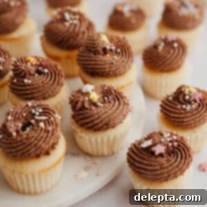 Dreamy Chocolate Cloud Frosting 7 Rows of mini cupcakes with chocolate frosting and sprinkles.
