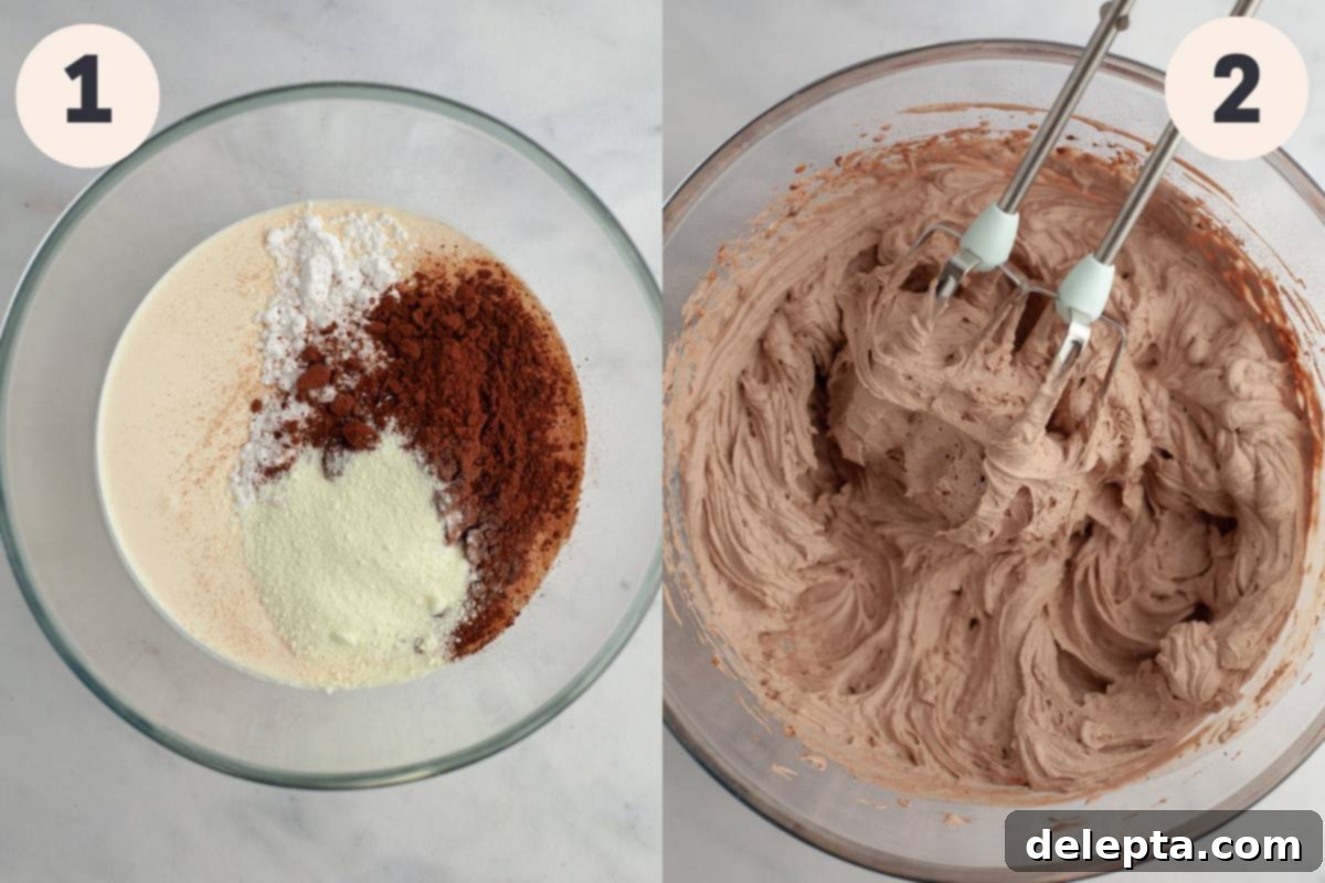 Dreamy Chocolate Cloud Frosting 4 A bowl with chocolate whipped cream frosting in it.