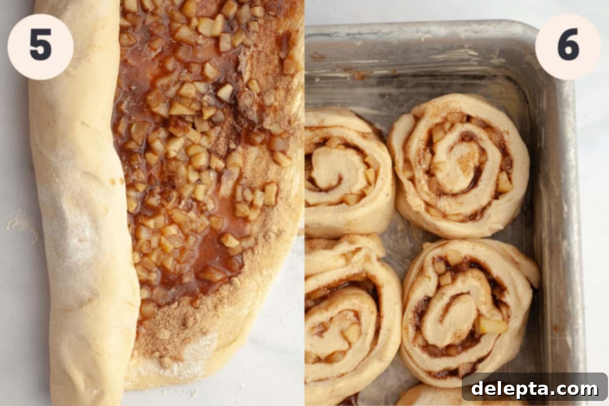 Apple Pie Stuffed Cinnamon Rolls 7 Cinnamon rolls being rolled up on a floured surface and unbaked rolls placed neatly in a baking pan.
